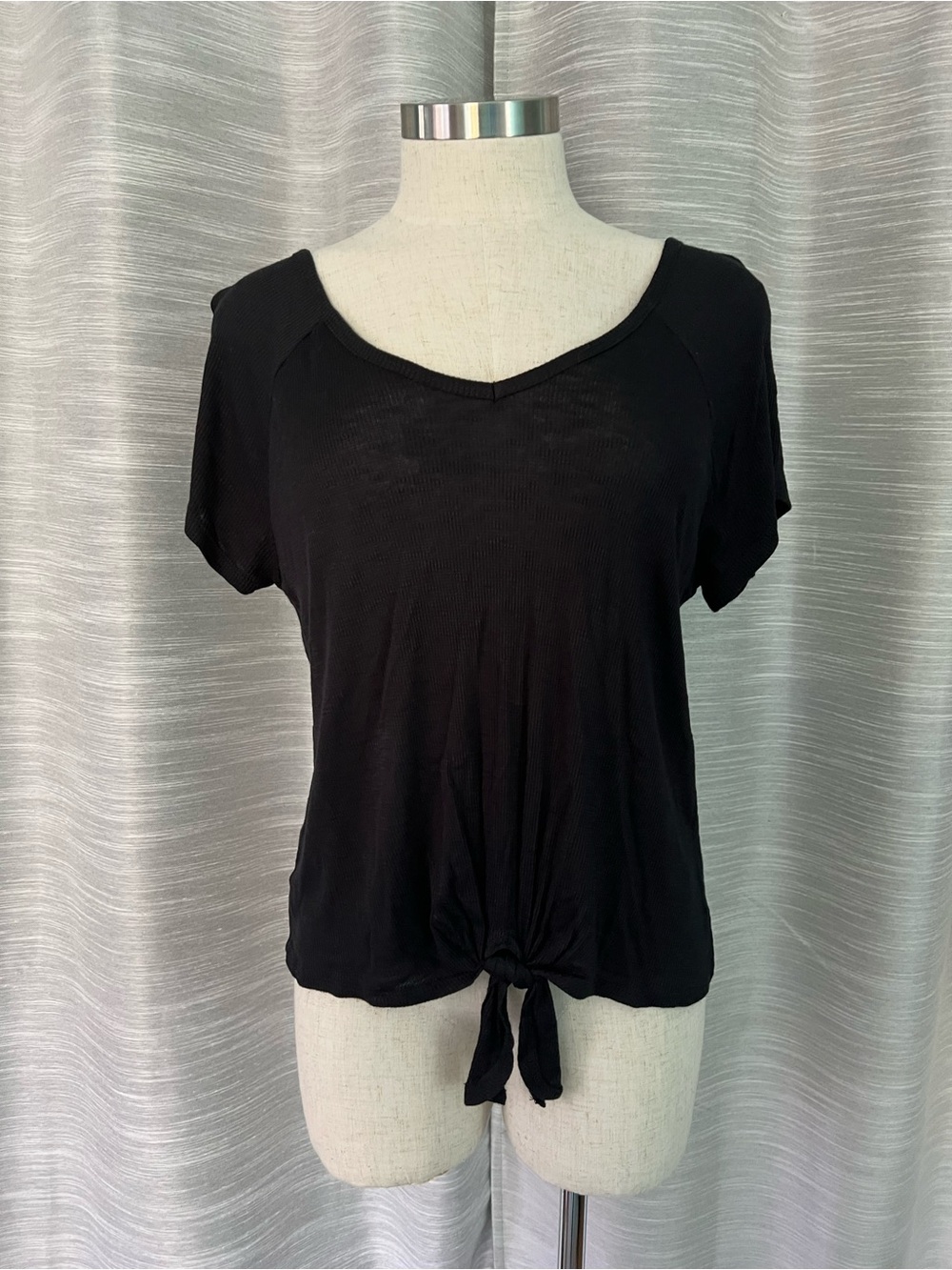 Pink Rose Black Short Sleeve Tie-Front Top